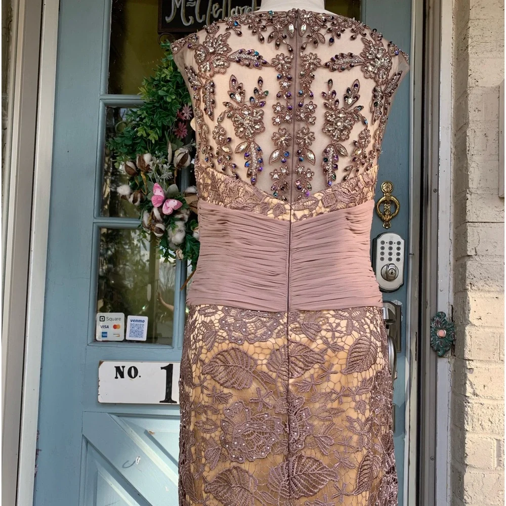 NWOT GLS Apparel Large Beaded Mocha Lace Nude Lined Mermaid Gown Cap Sleeves - Picture 13 of 15